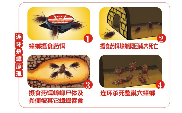 同花顺（中国）杀蟑饵剂采用含诱蟑因子的杀蟑配方，特殊饵盒设计。饵剂固定在药剂内，仅留蟑螂通过的缝隙，可防止儿童或宠物触食。